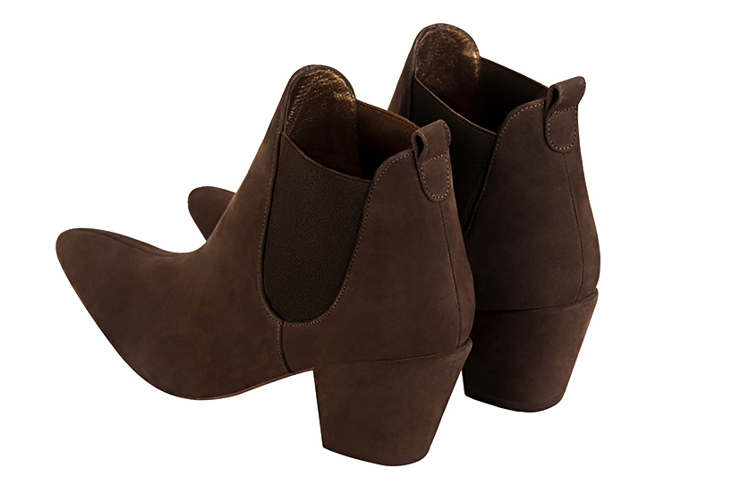 Women's dark brown elegant Chelsea ankle boots, with side elastics. Tapered toe. Medium cone heels - Rear view